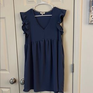 Umgee Blue V-Neck Dress with Floral Trim